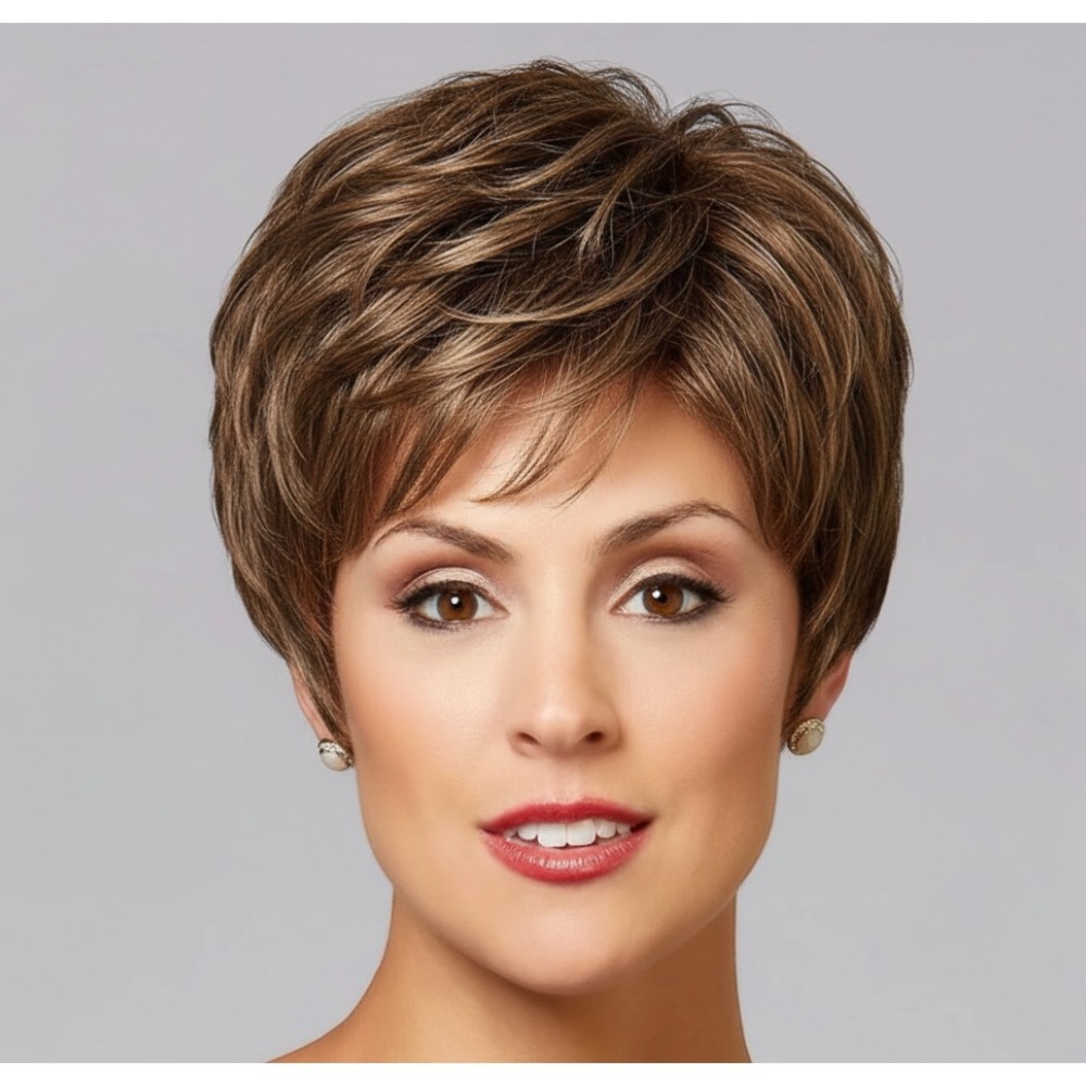 NIB PAULA YOUNG #3000 EMILY WIG Medium Ash Brown SHORT CURLS Synthetic Hair Sz L